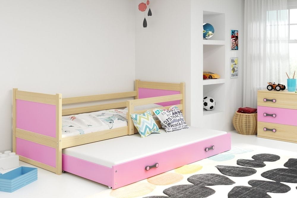 eoshop Detská posteľ Rico - 2 osoby, 80x190 s výsuvnou prístelkou - Borovica, Ružová